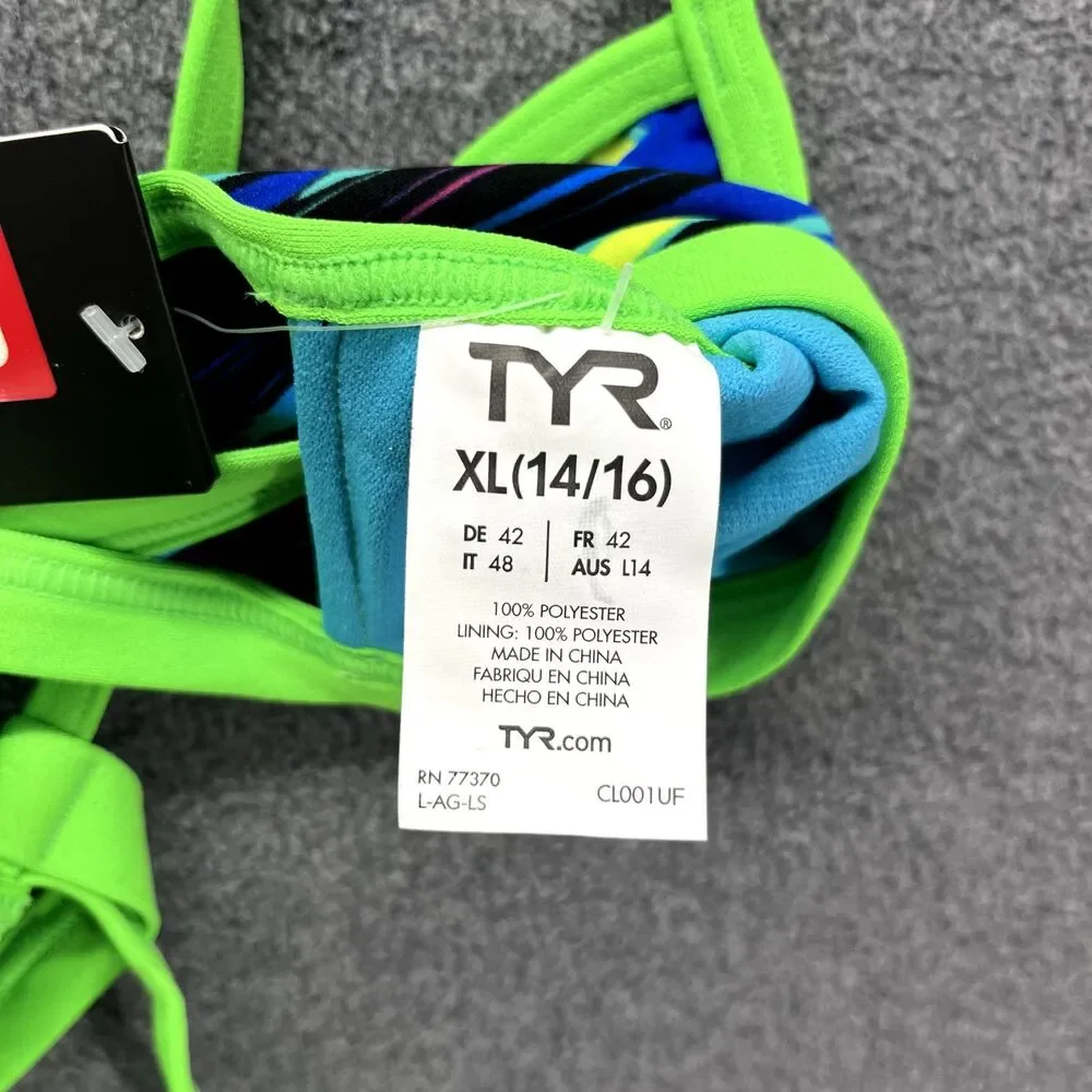 TYR Bikini Top Women XL 14 16 Blue Green Fresno Mojave Tie back‎ Swimwear
